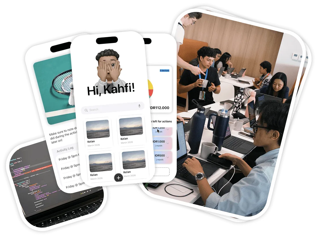 Collage of screens and photos from My Bali App: onboarding screens, code, and learners building together.